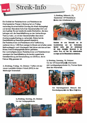 Flugblatt zum Ablauf der Streiktage bei der Oberhessischen Presse in Marburg.
